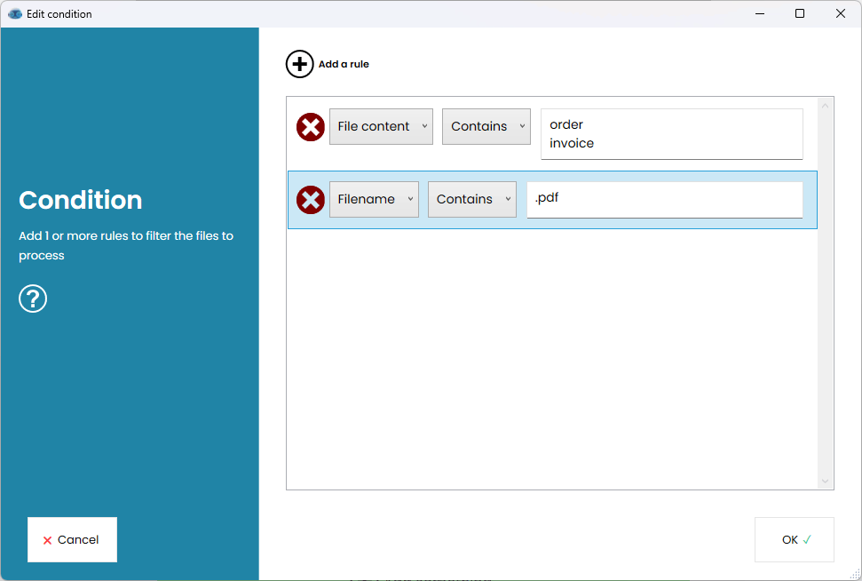 Screenshot Condition contains rules based on file content, filename,...